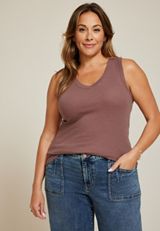 Plus Size Baby Rib V Neck Tank Top, COCONUT SHELL, small