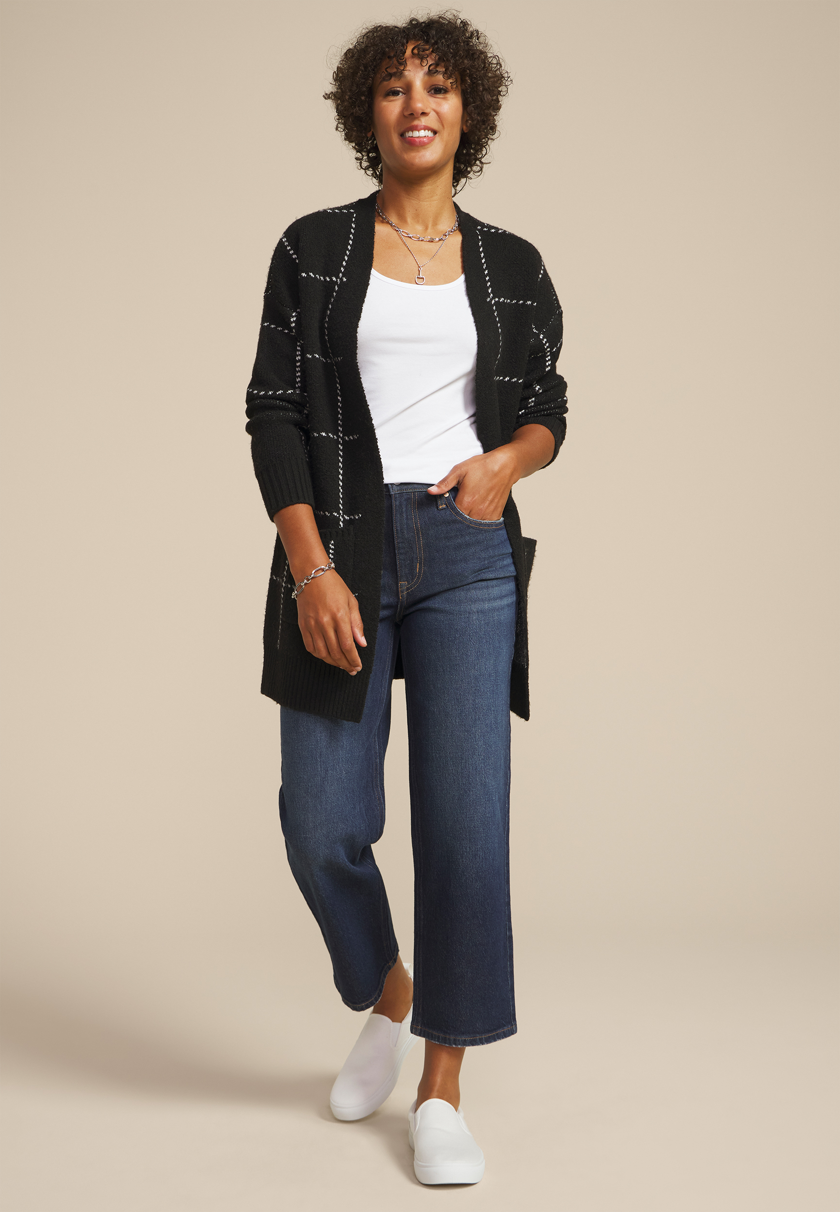 Windowpane Open Front Cardigan | maurices