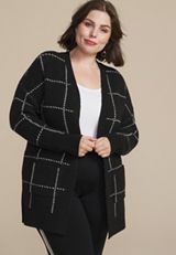 Plus Size Windowpane Open Front Cardigan, BLACK COMBO, small