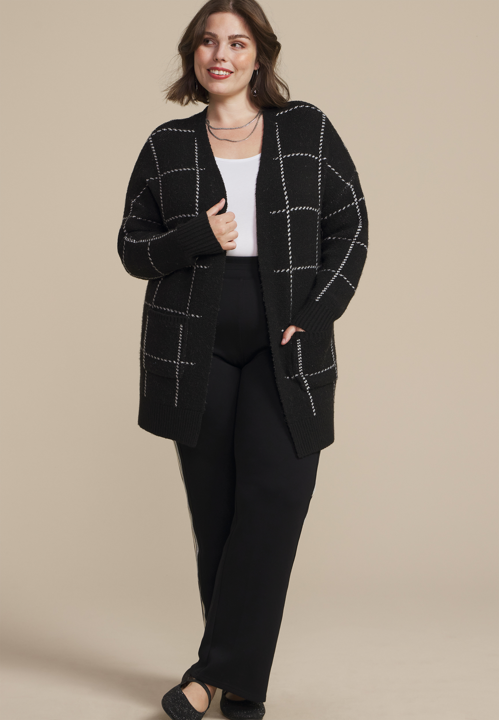 Plus Size Windowpane Open Front Cardigan, BLACK COMBO, large