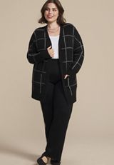Plus Size Windowpane Open Front Cardigan, BLACK COMBO, small