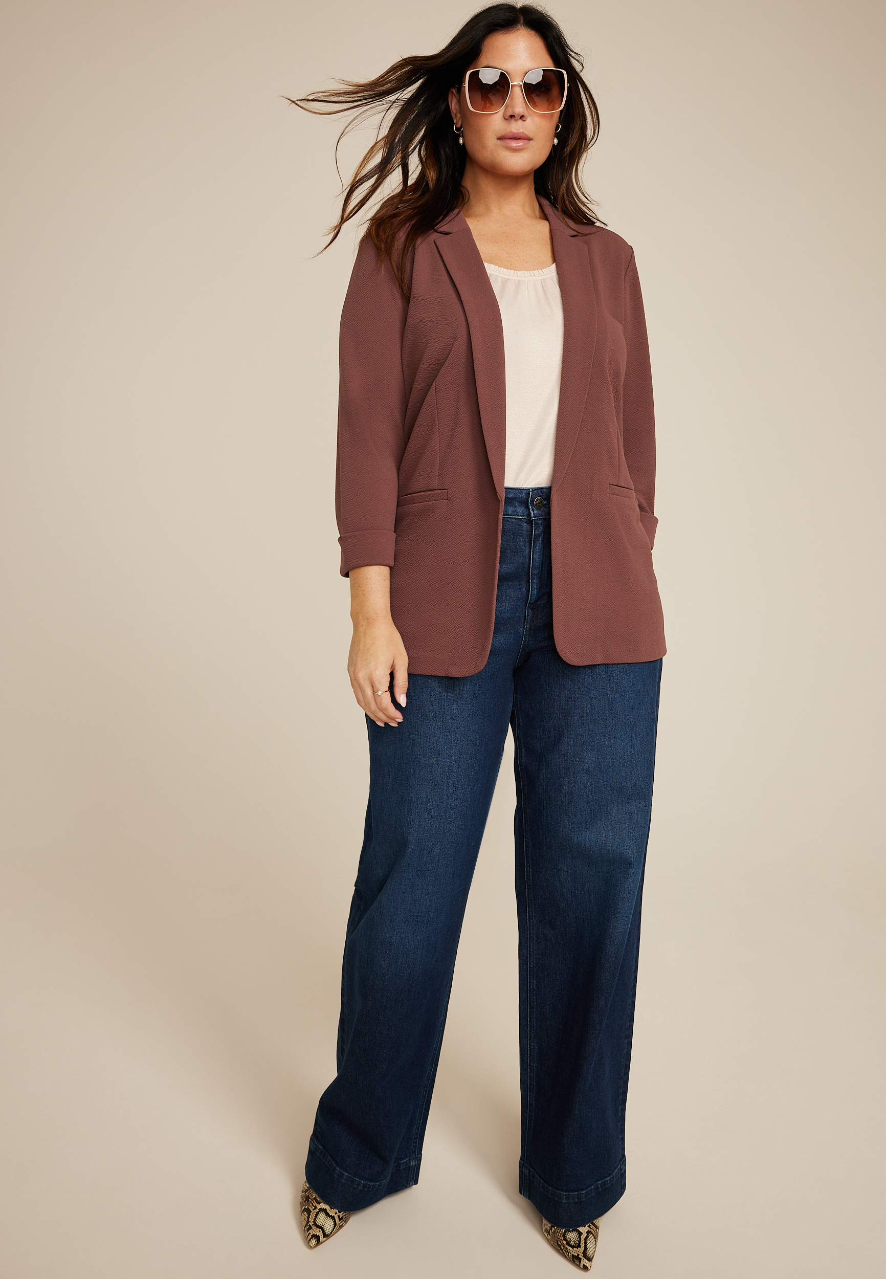 Plus Size Versa 3/4 Sleeve Blazer, COCONUT SHELL, large