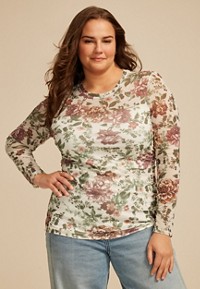 Plus Size Embroidered Floral Sheer Lace Mock Neck Blouse