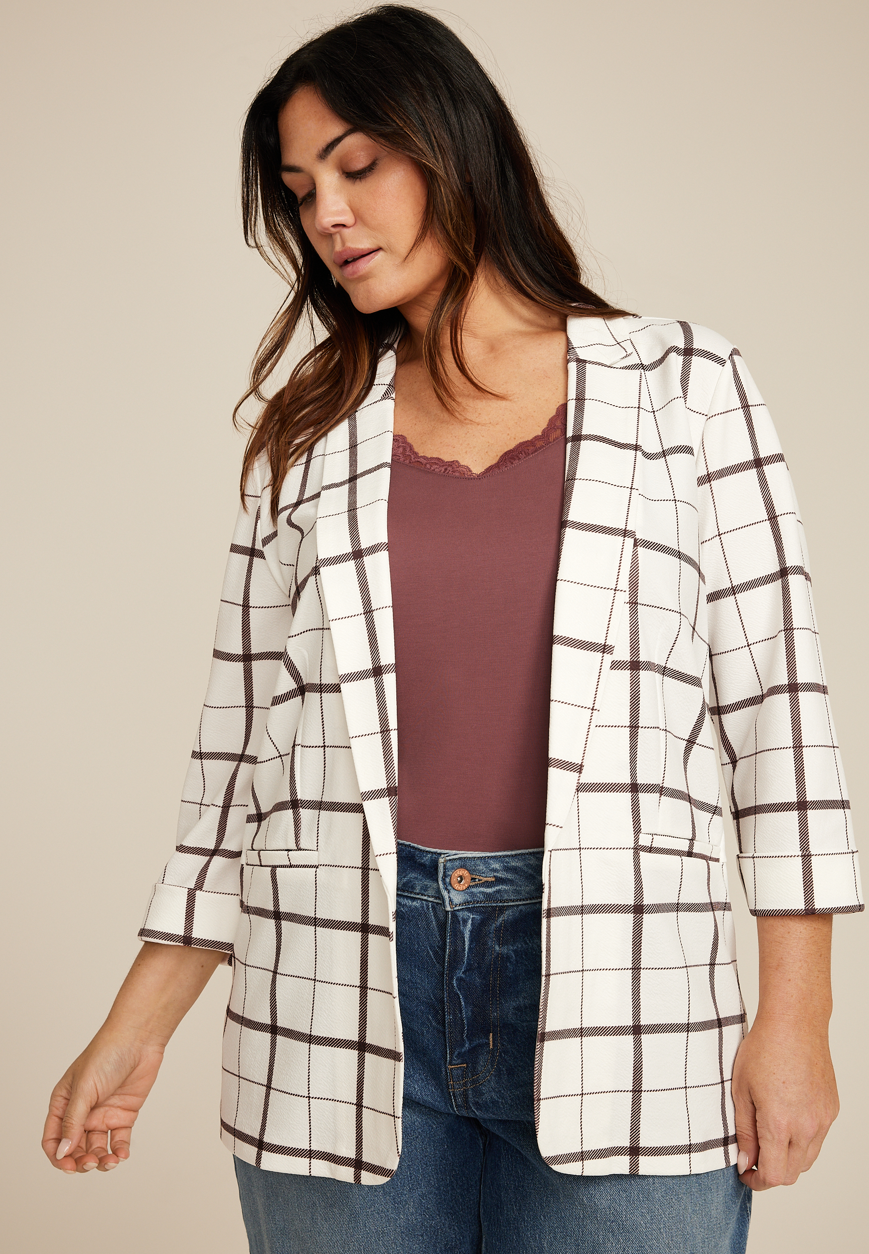 Plus Size Plaid Versa 3/4 Sleeve Blazer