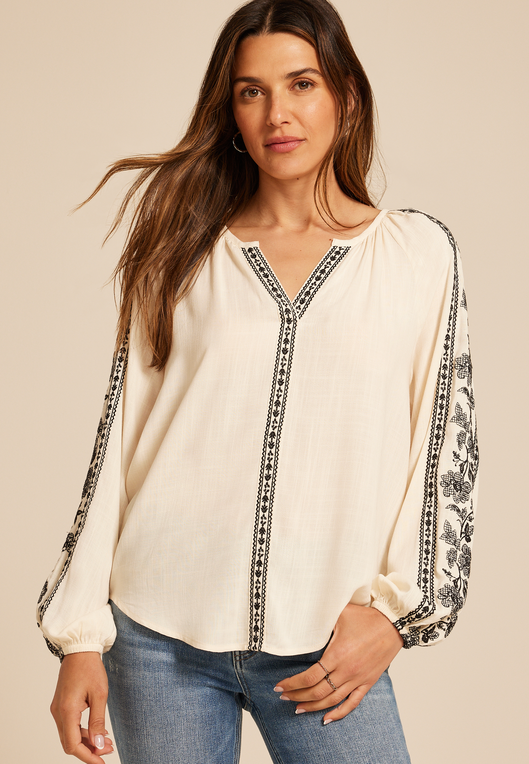 Embroidered Trim V Neck Blouse