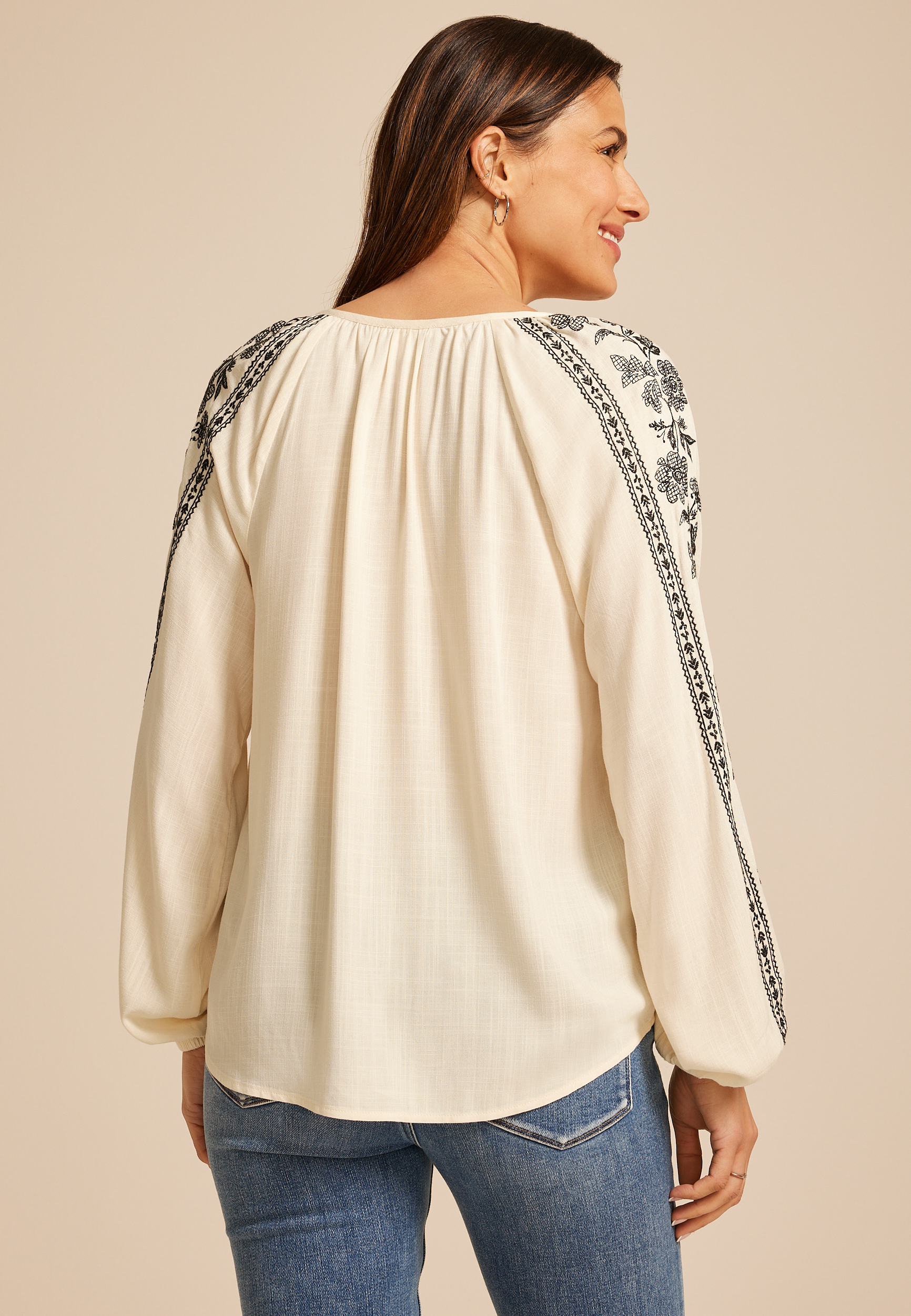 Embroidered Trim V Neck Blouse, C6007, large