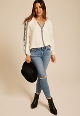Embroidered Trim V Neck Blouse, C6007, small