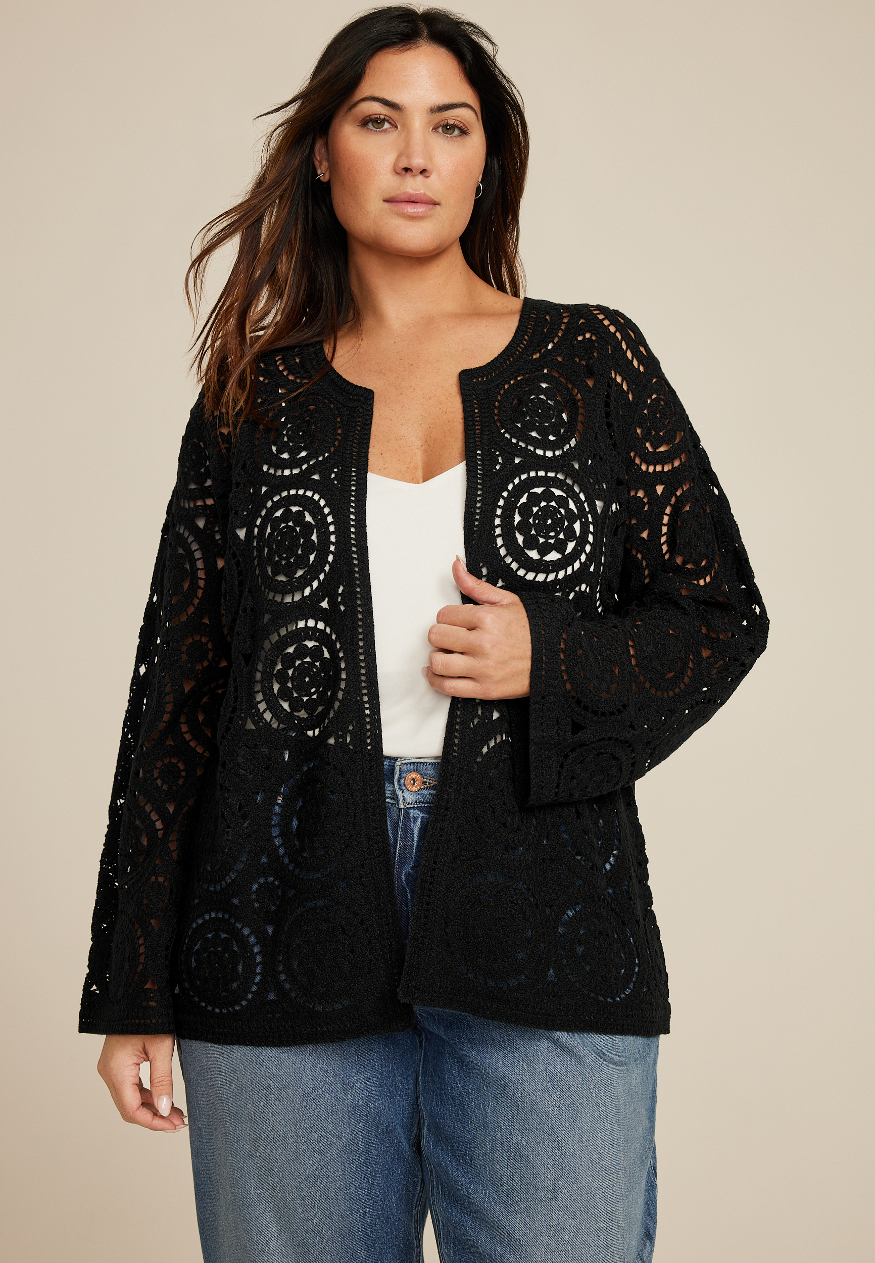 Plus Size Crochet Long Sleeve Cardigan