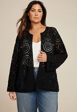 Plus Size Crochet Long Sleeve Cardigan, BLACK, small
