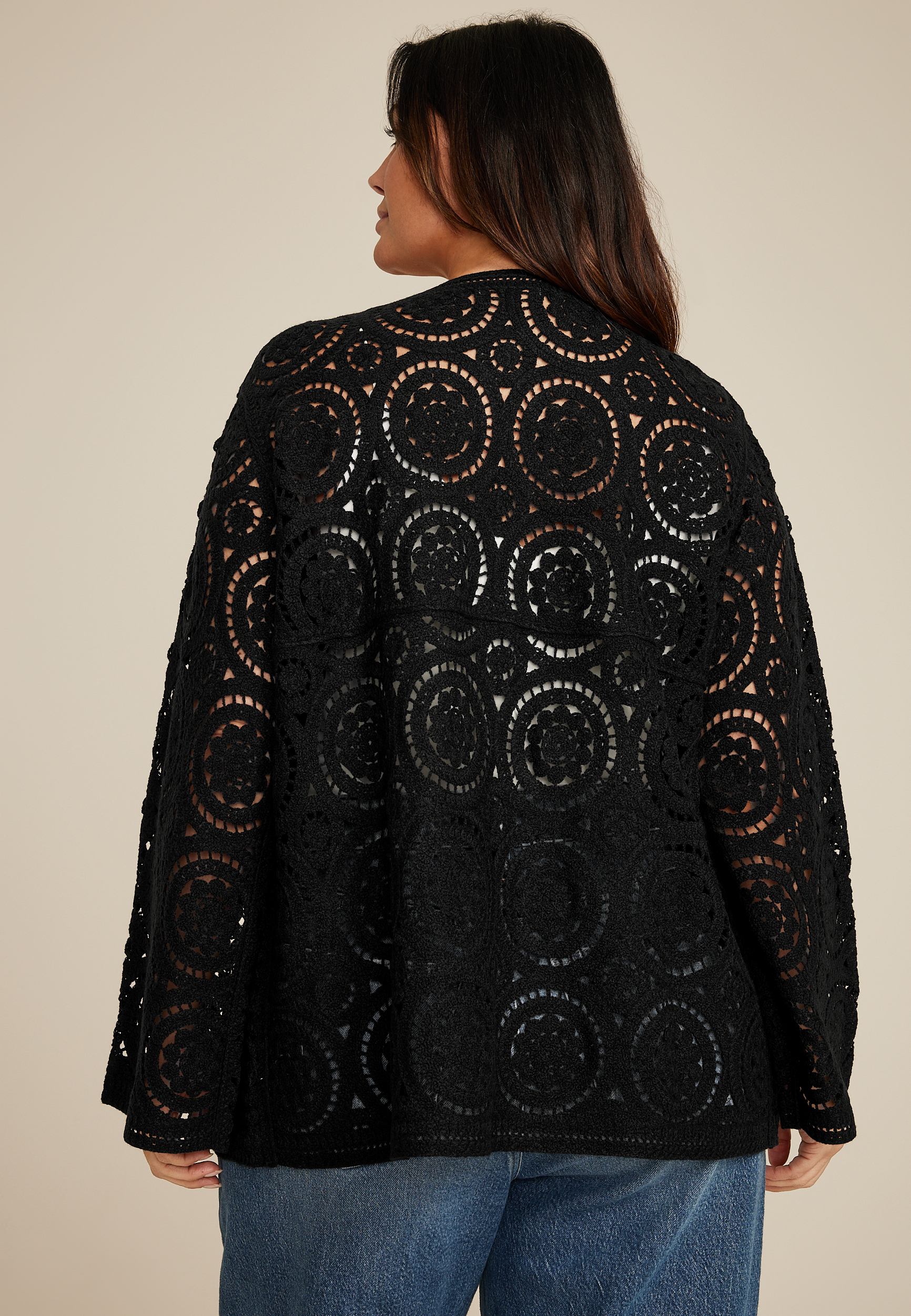 Plus Size Crochet Long Sleeve Cardigan, BLACK, large