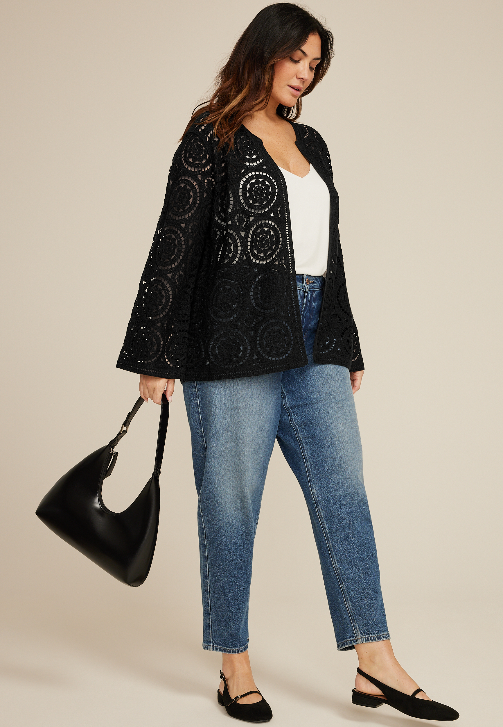 Plus Size Crochet Long Sleeve Cardigan, BLACK, large