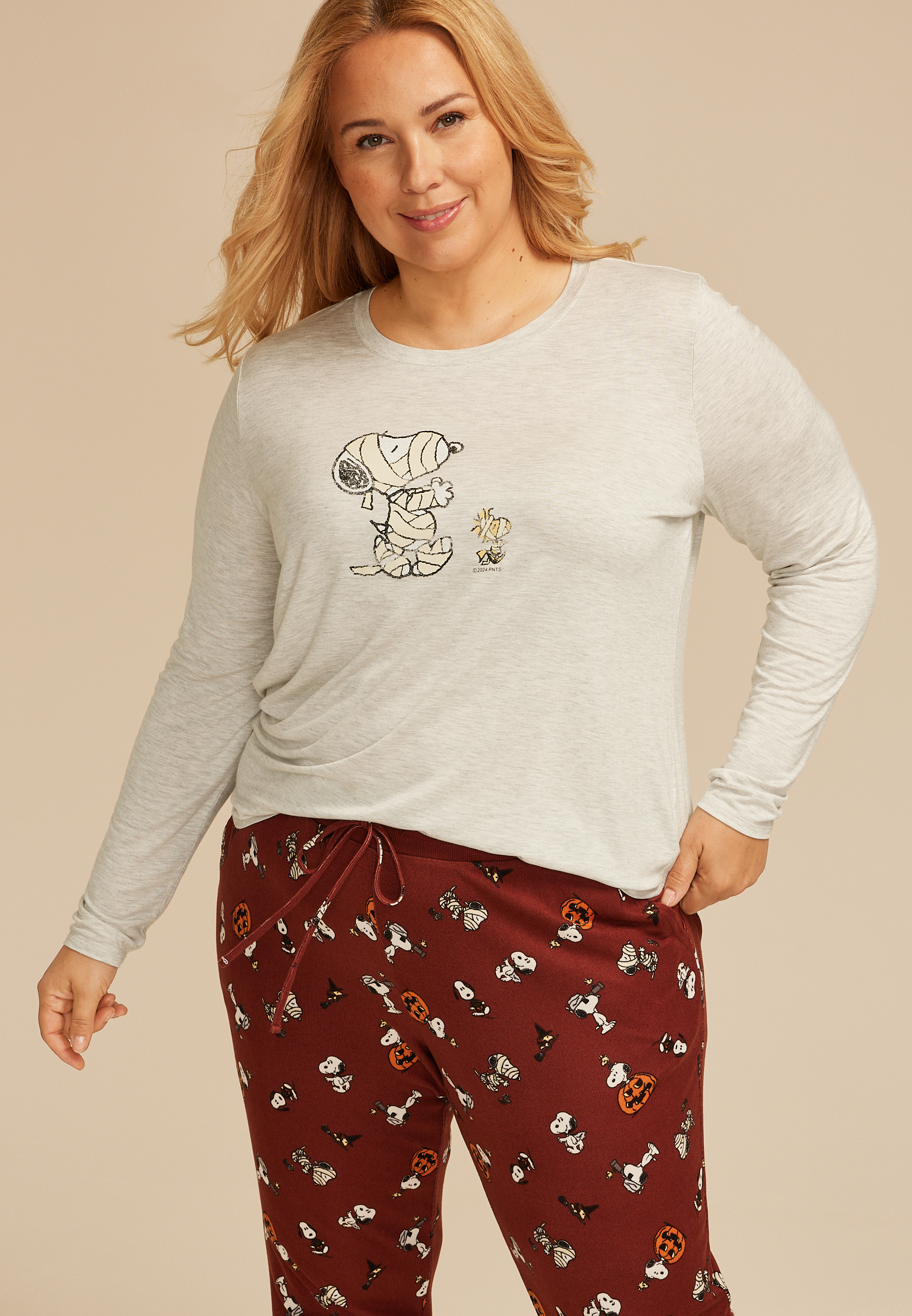 Plus Size Snoopy Halloween Graphic Tee And Jogger Pajama Set, SABLE COMBO, large