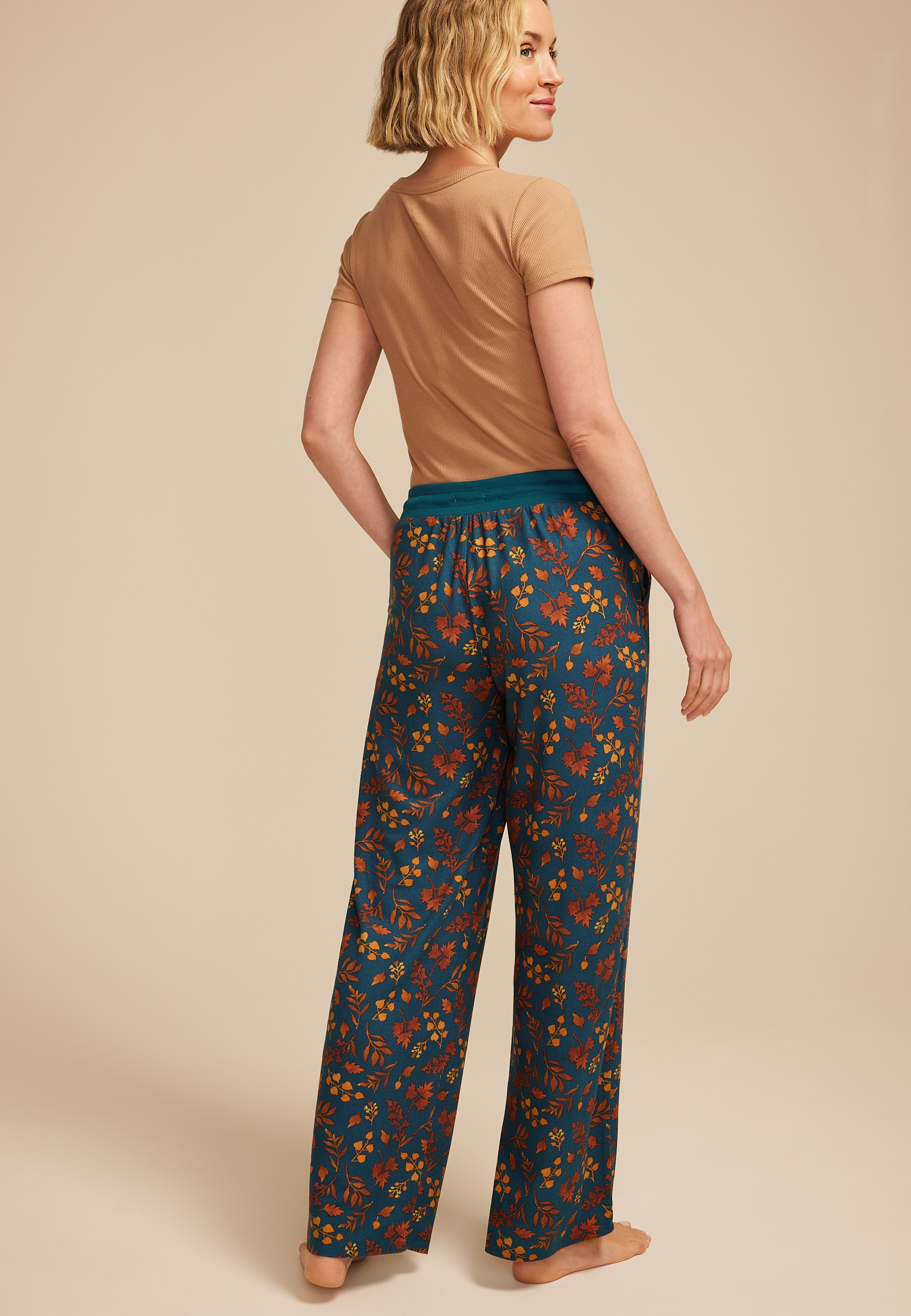 Teal Fall Leaves Wide Leg Pajama Pants, C2666, large