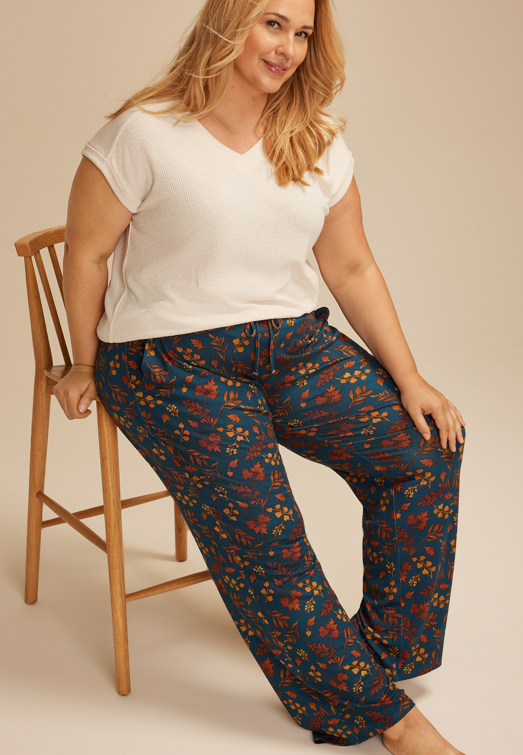 Plus Size Teal Fall Leaves Wide Leg Pajama Pants
