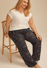 Plus Size Teal Fall Leaves Wide Leg Pajama Pants, Teal Combo, small