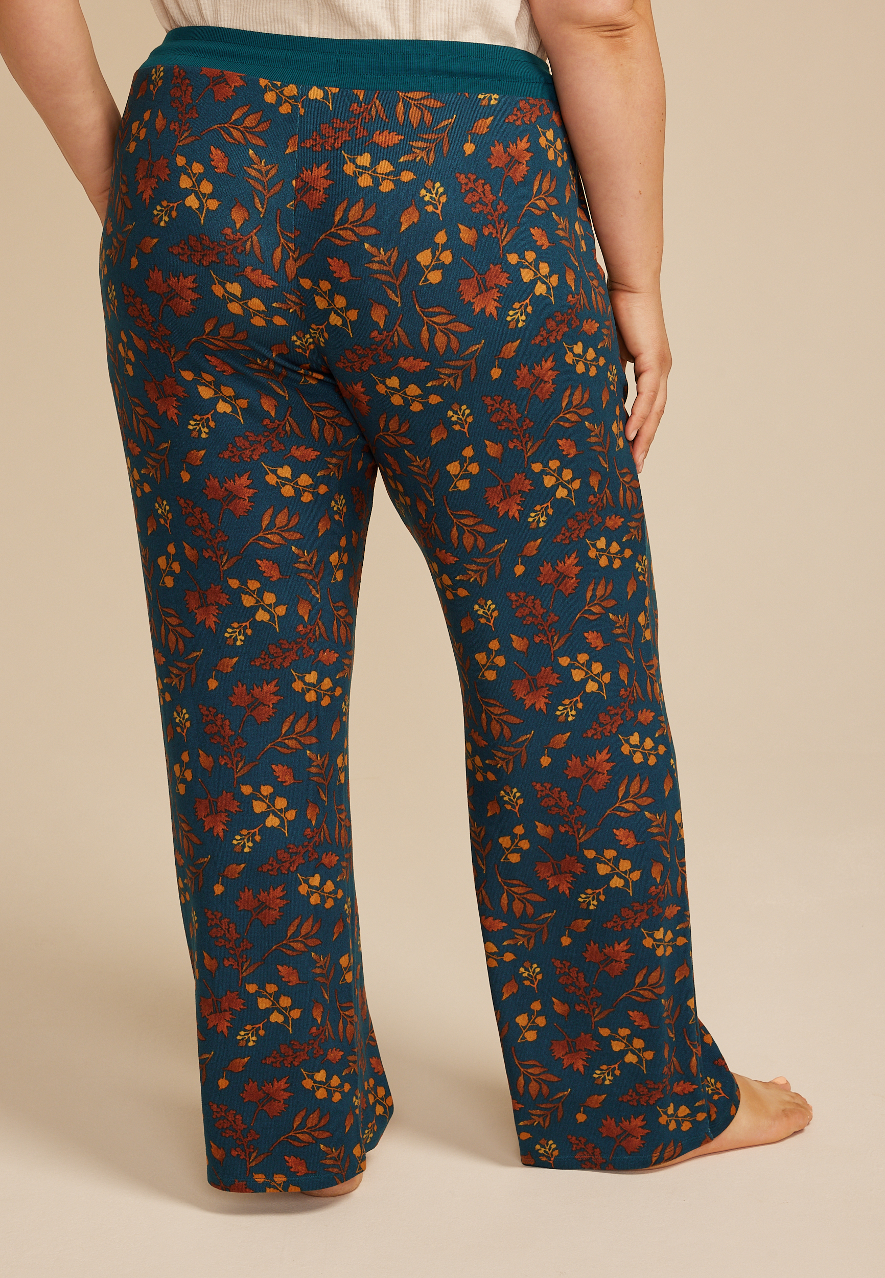 Plus Size Teal Fall Leaves Wide Leg Pajama Pants, Teal Combo, large