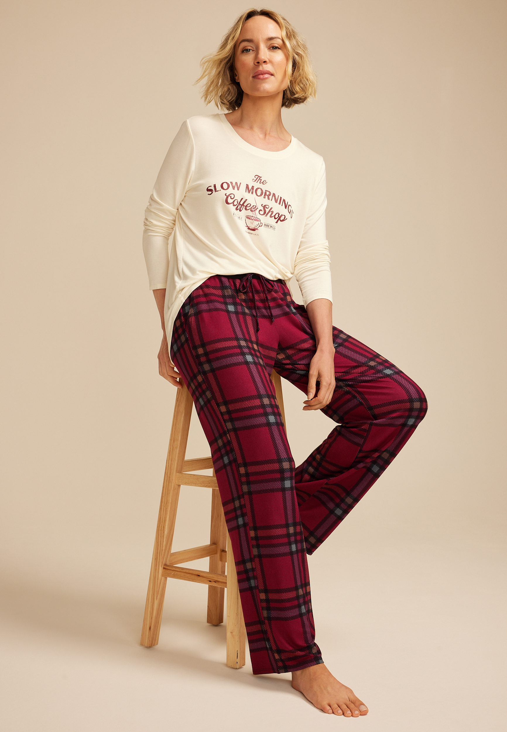 Slow Mornings Coffee Graphic Tee And Wide Leg Pajama Set, C3368, large