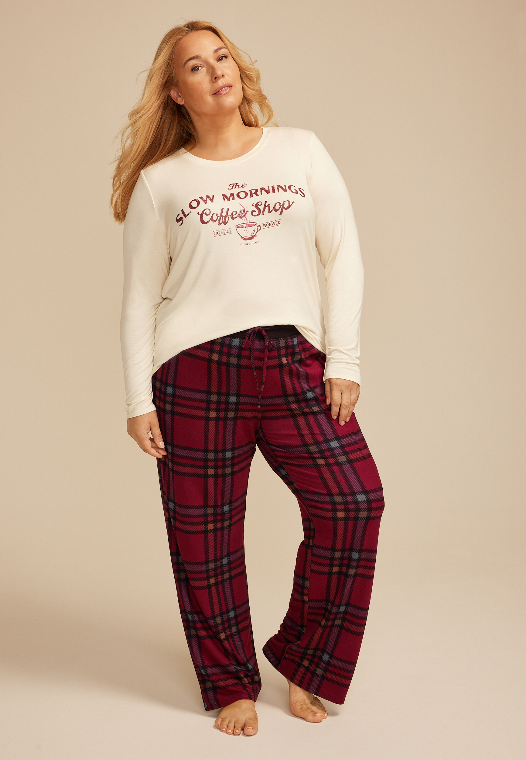 Plus Size Slow Mornings Coffee Graphic Tee And Wide Leg Pajama Set