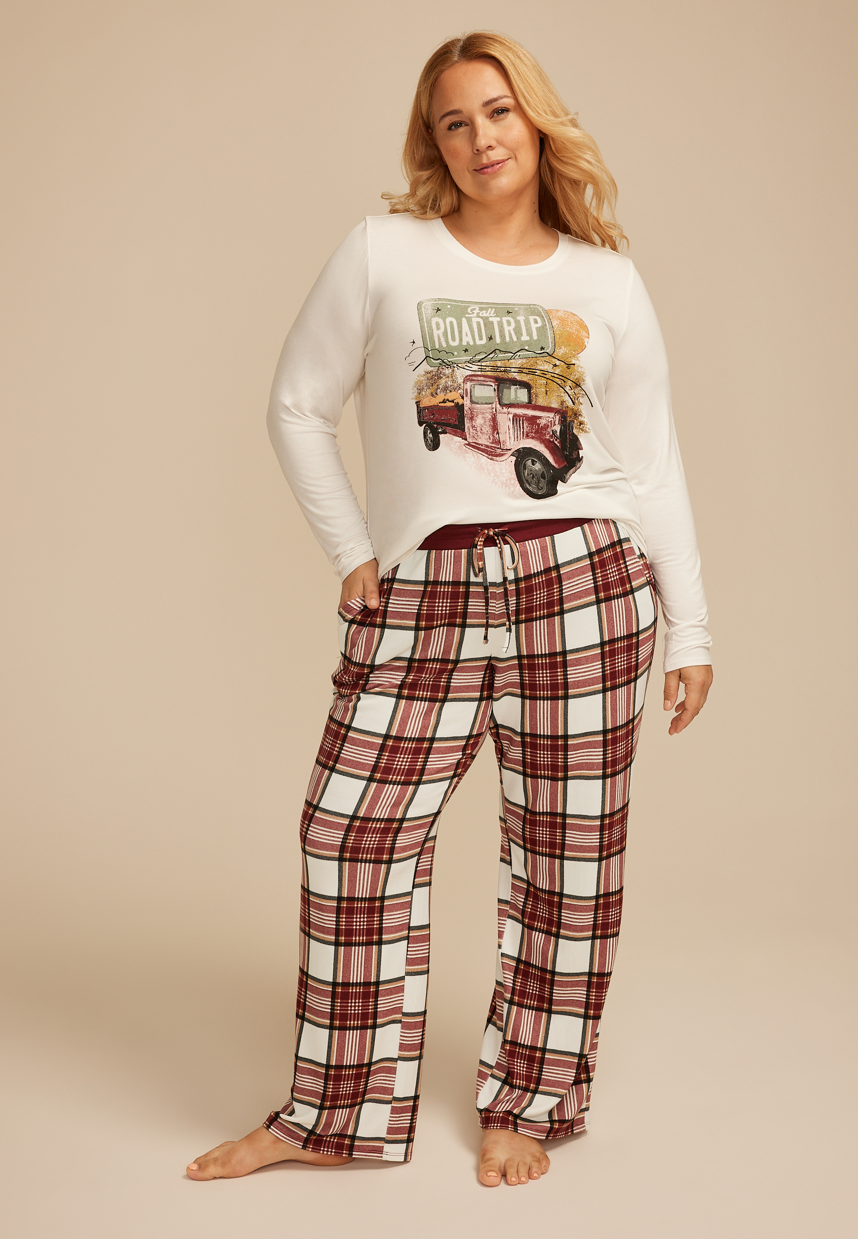 Plus Size Fall Road Trip Graphic Tee And Wide Leg Pajama Set