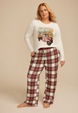 Plus Size Fall Road Trip Graphic Tee And Wide Leg Pajama Set, C9180, small