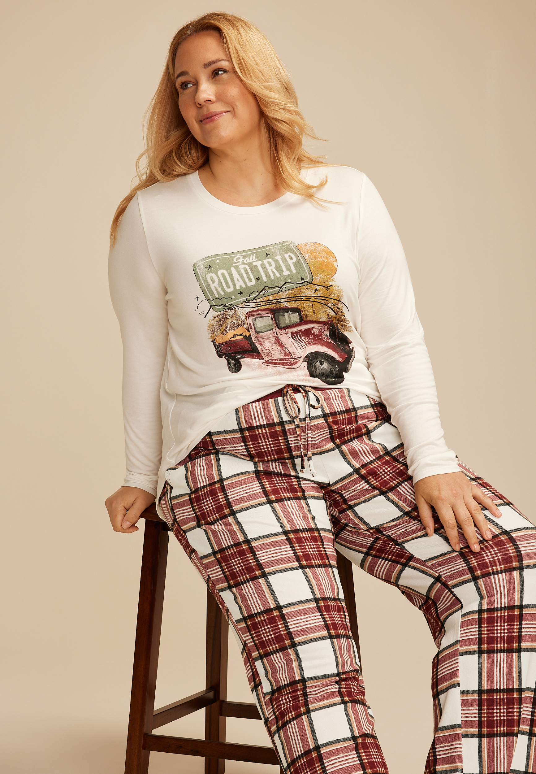 Plus Size Fall Road Trip Graphic Tee And Wide Leg Pajama Set, C9180, large