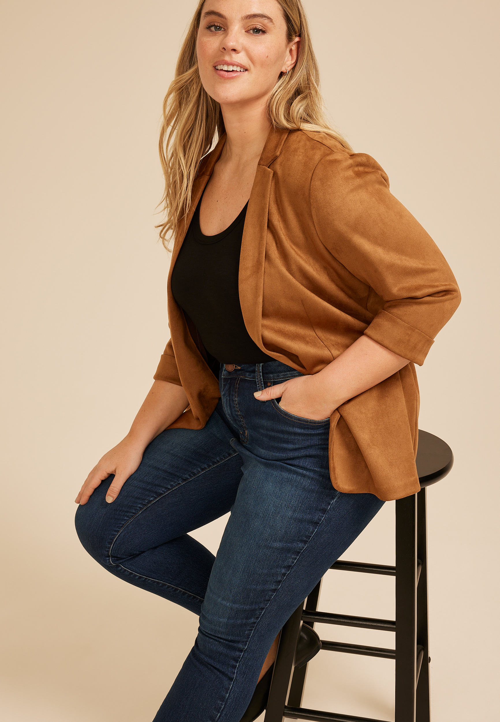 Plus Size Faux Suede Open Front Blazer, C3917, large