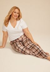 Plus Size Plaid Wide Leg Pajama Pants, NEUTRAL COMBO, small