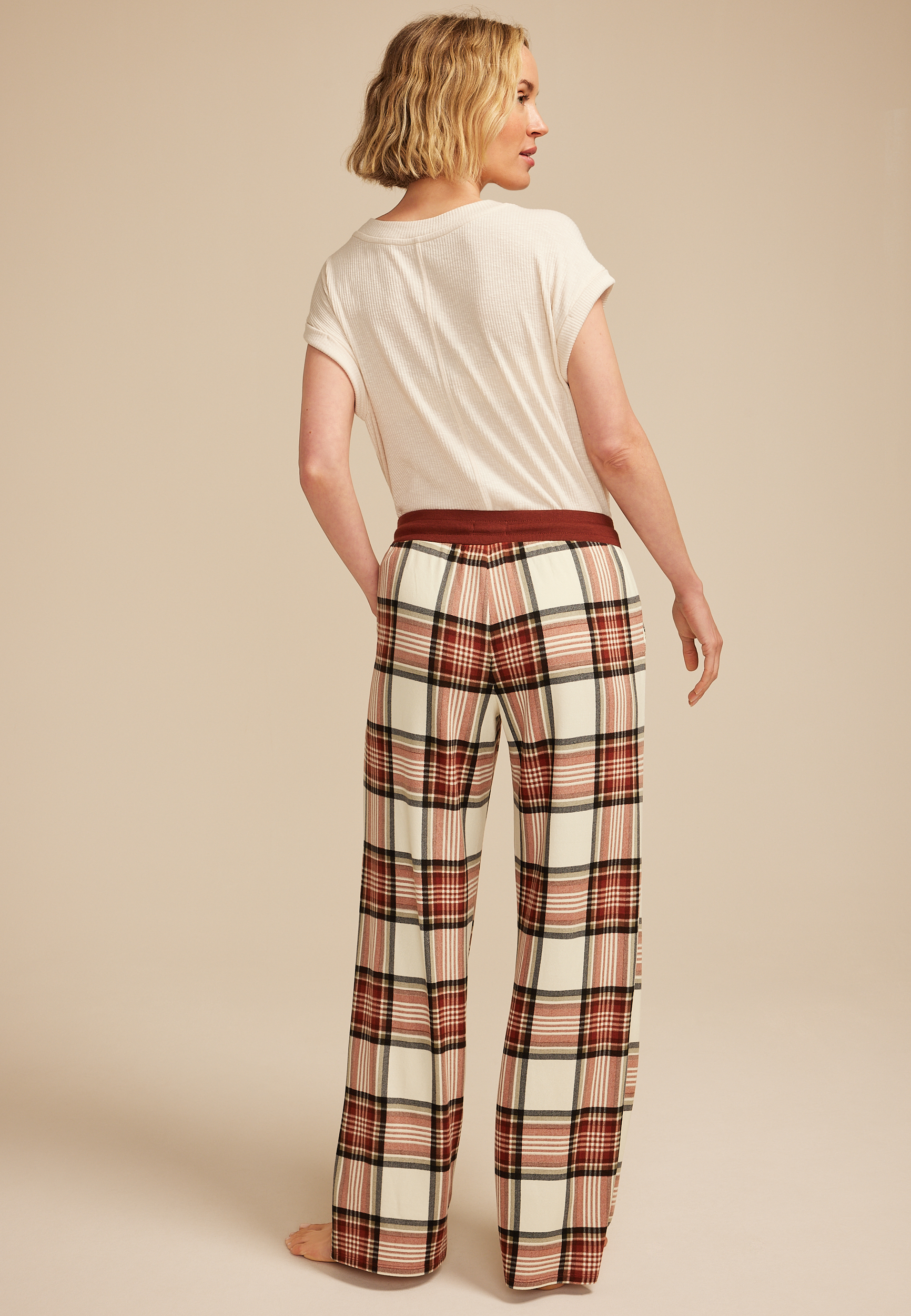 Burgundy Plaid Wide Leg Pajama Pants, C5032, large