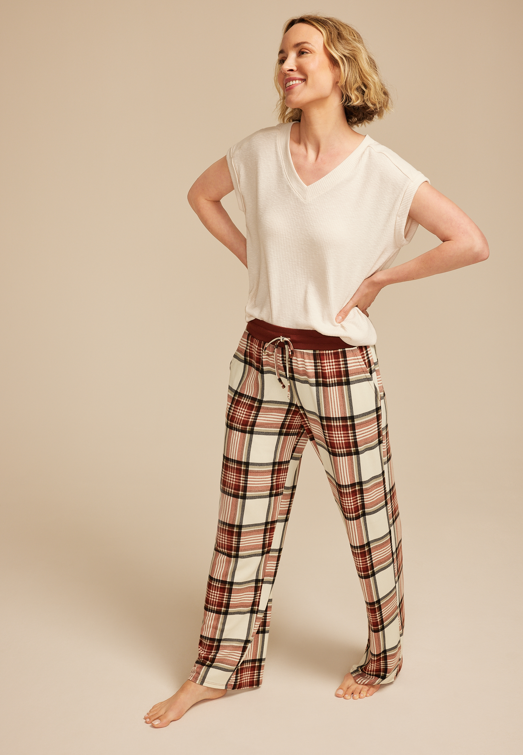 Burgundy Plaid Wide Leg Pajama Pants, C5032, large