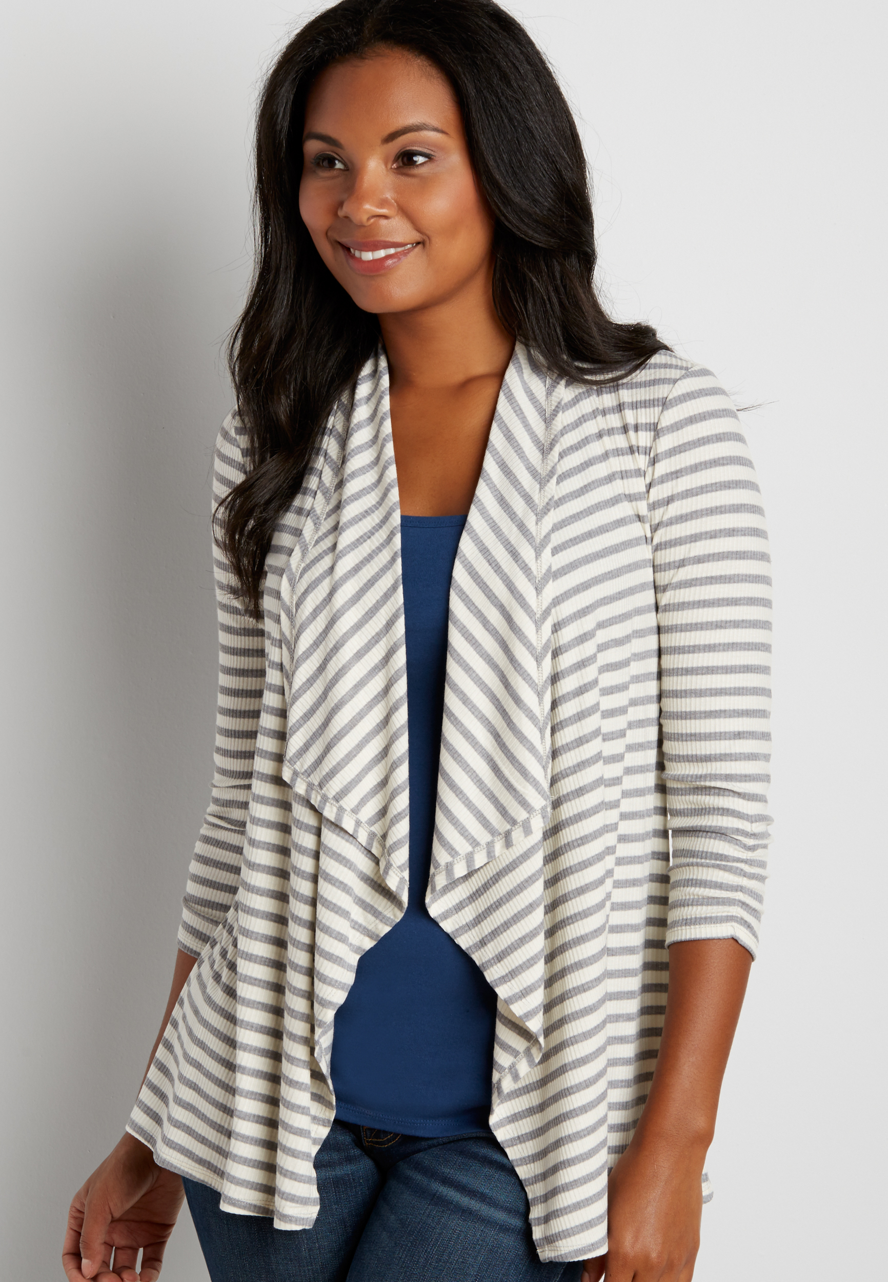 ribbed cardigan with lace up back and stripes | maurices