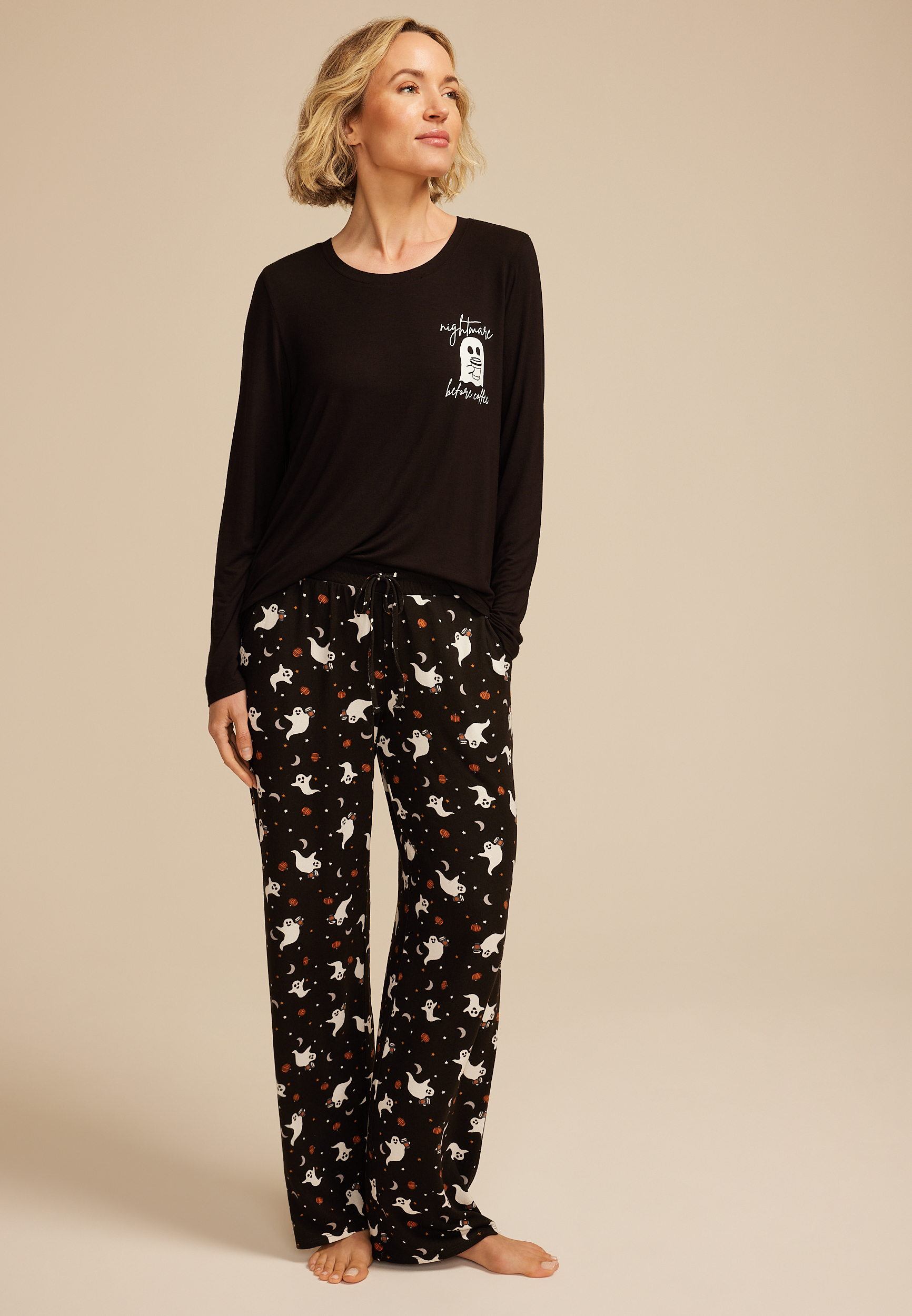 Nightmare Before Coffee Ghost Graphic Tee And Wide Leg Pajama Set