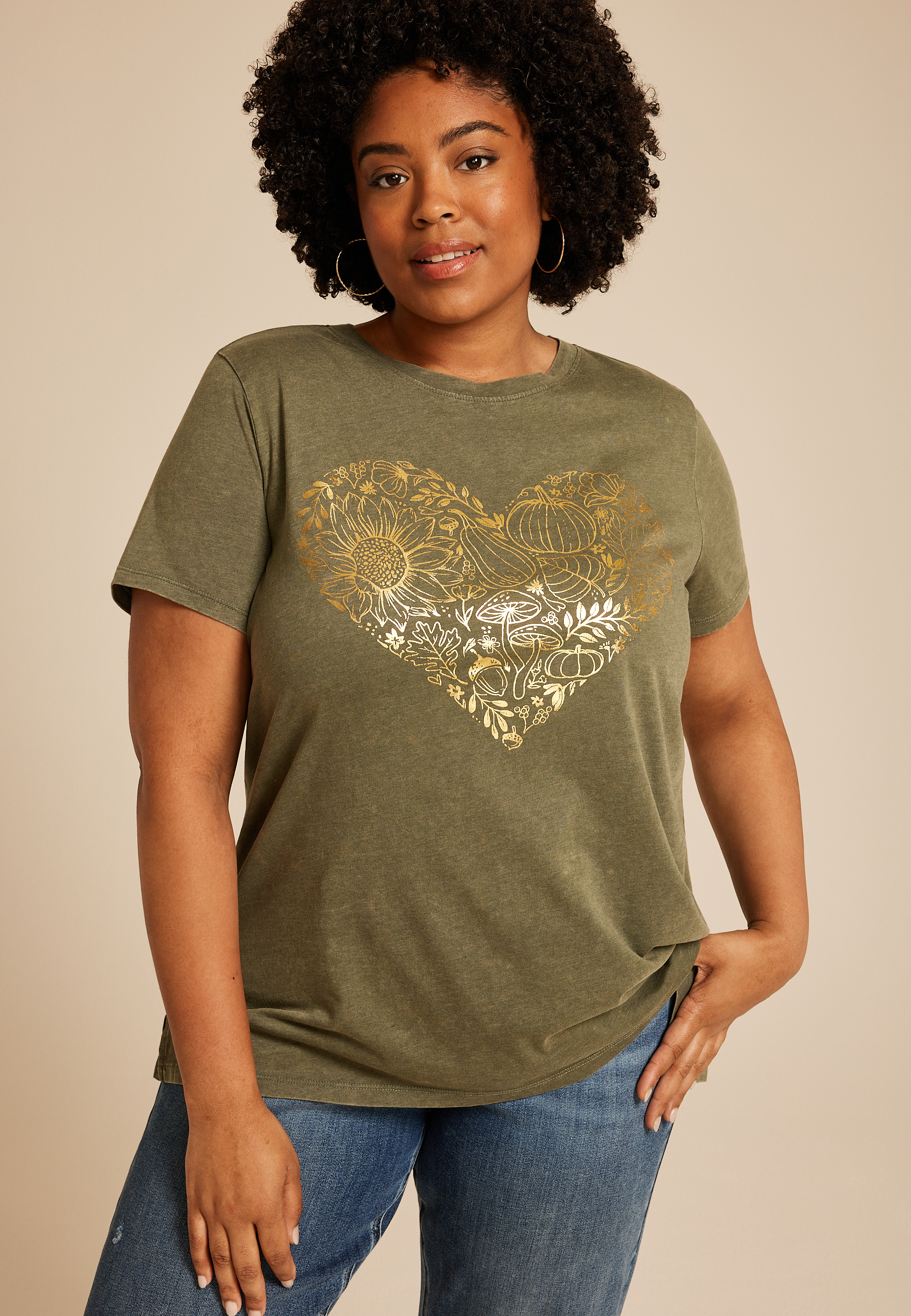 Plus Size Fall Gold Foiled Heart Classic Fit Graphic Tee, , large