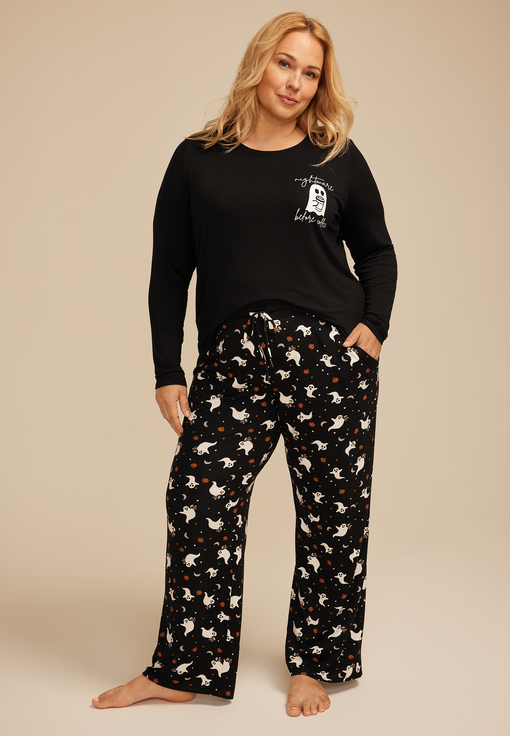 Plus Size Nightmare Before Coffee Ghost Graphic Tee And Wide Leg Pajama Set