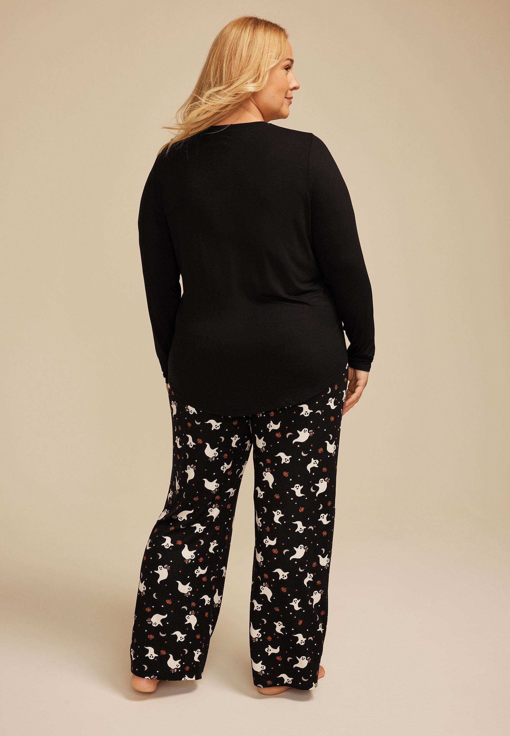 Plus Size Nightmare Before Coffee Ghost Graphic Tee And Wide Leg Pajama Set, C1756, large