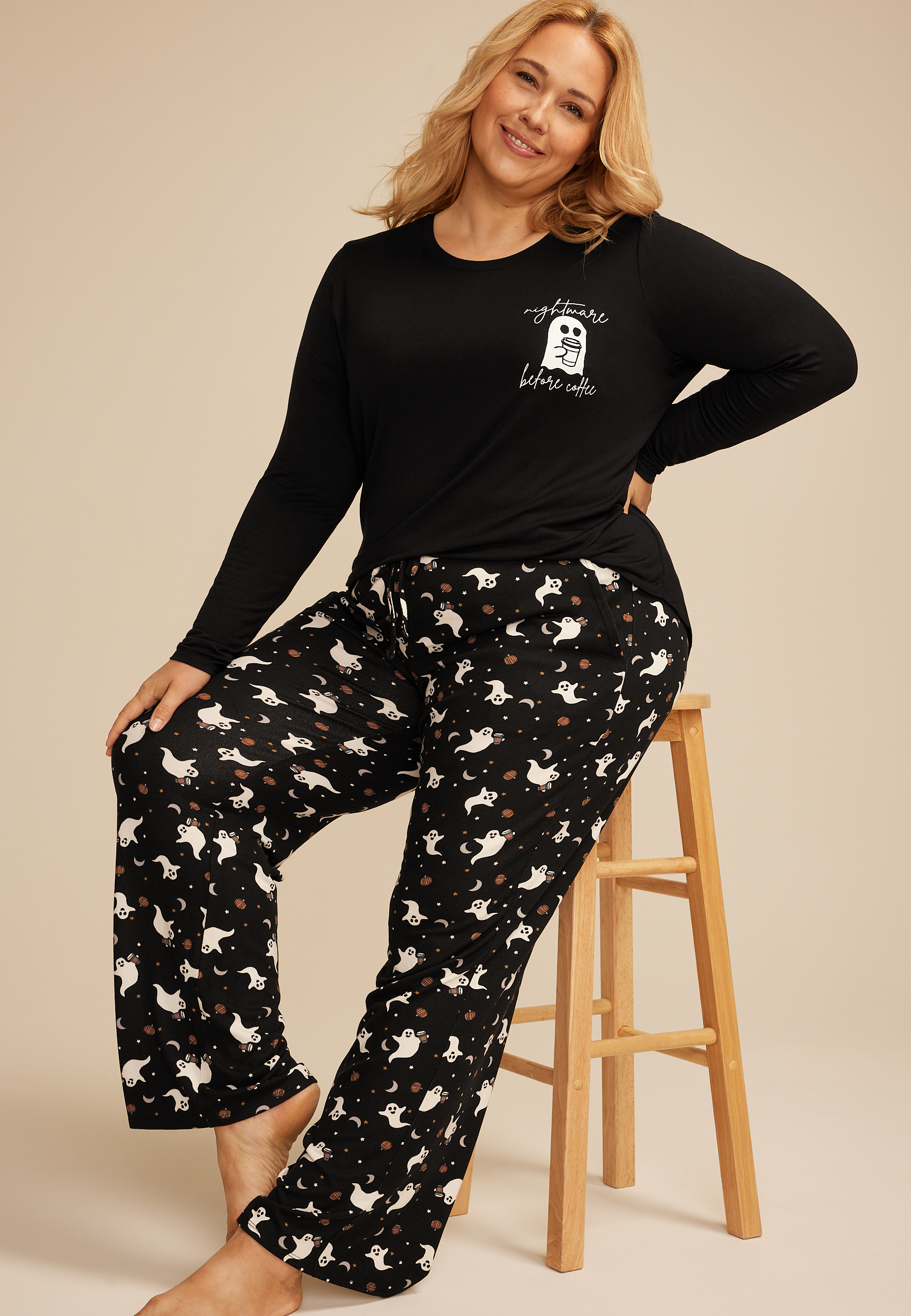 Plus Size Nightmare Before Coffee Ghost Graphic Tee And Wide Leg Pajama Set, C1756, large