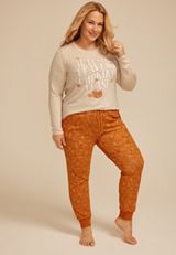 Plus Size Autumn Leaves Pumpkins Please Graphic Tee And Jogger Pajama Set, ORANGE COMBO, small