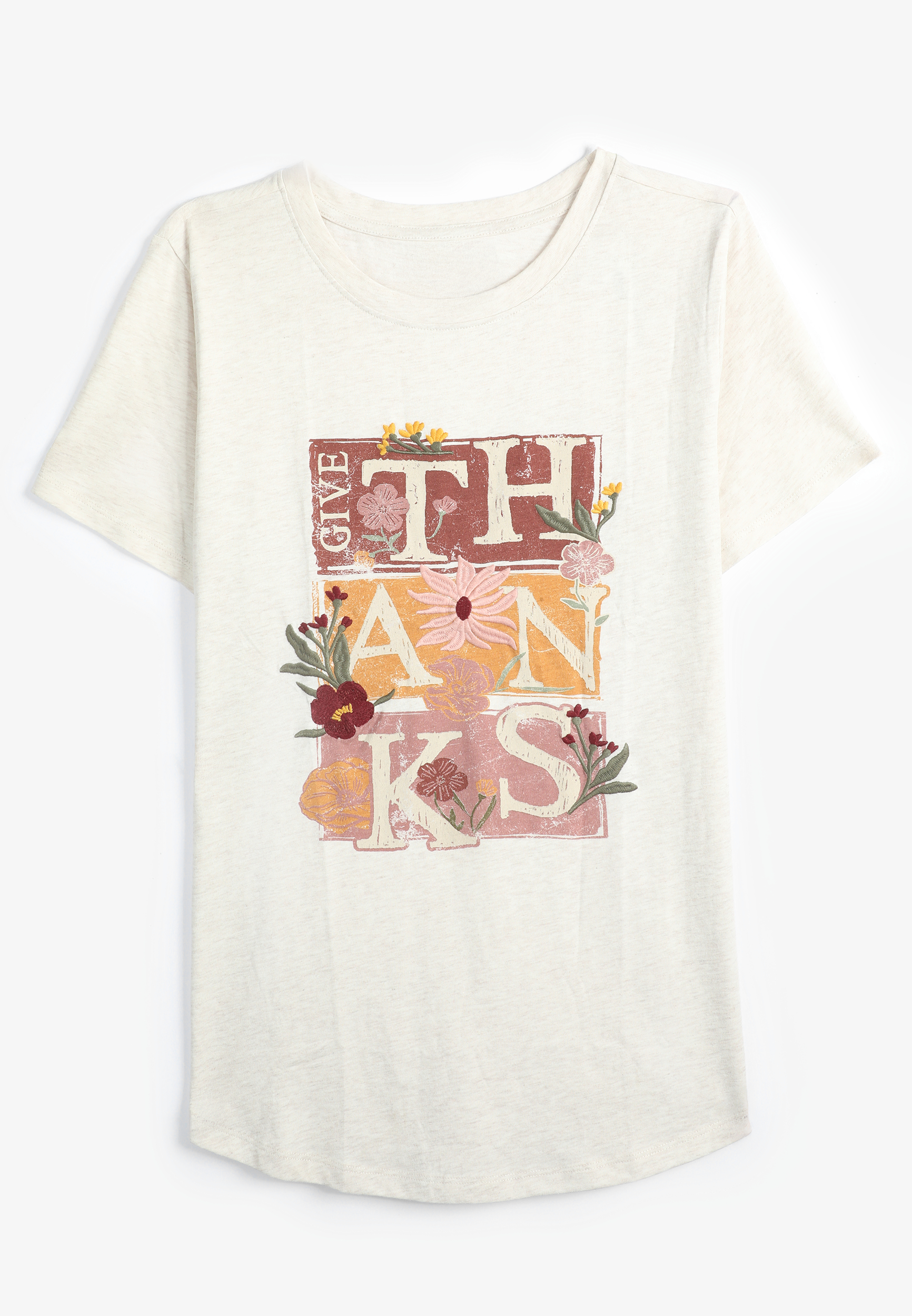 Floral Embroidered Give Thanks Classic Fit Graphic Tee, C2445, large