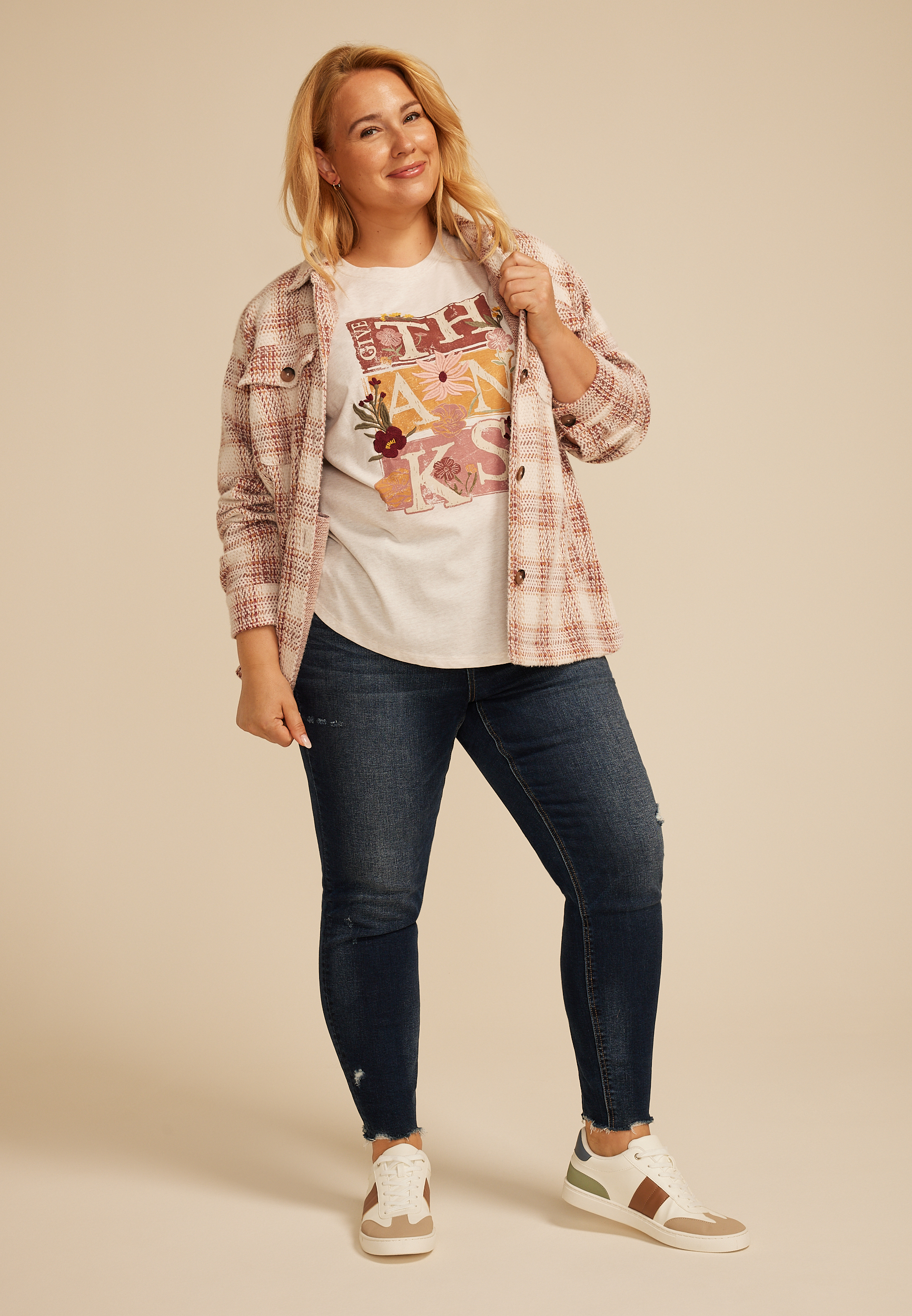 Plus Size Floral Embroidered Give Thanks Classic Fit Graphic Tee, LIGHT OATMEAL HEATHER, large