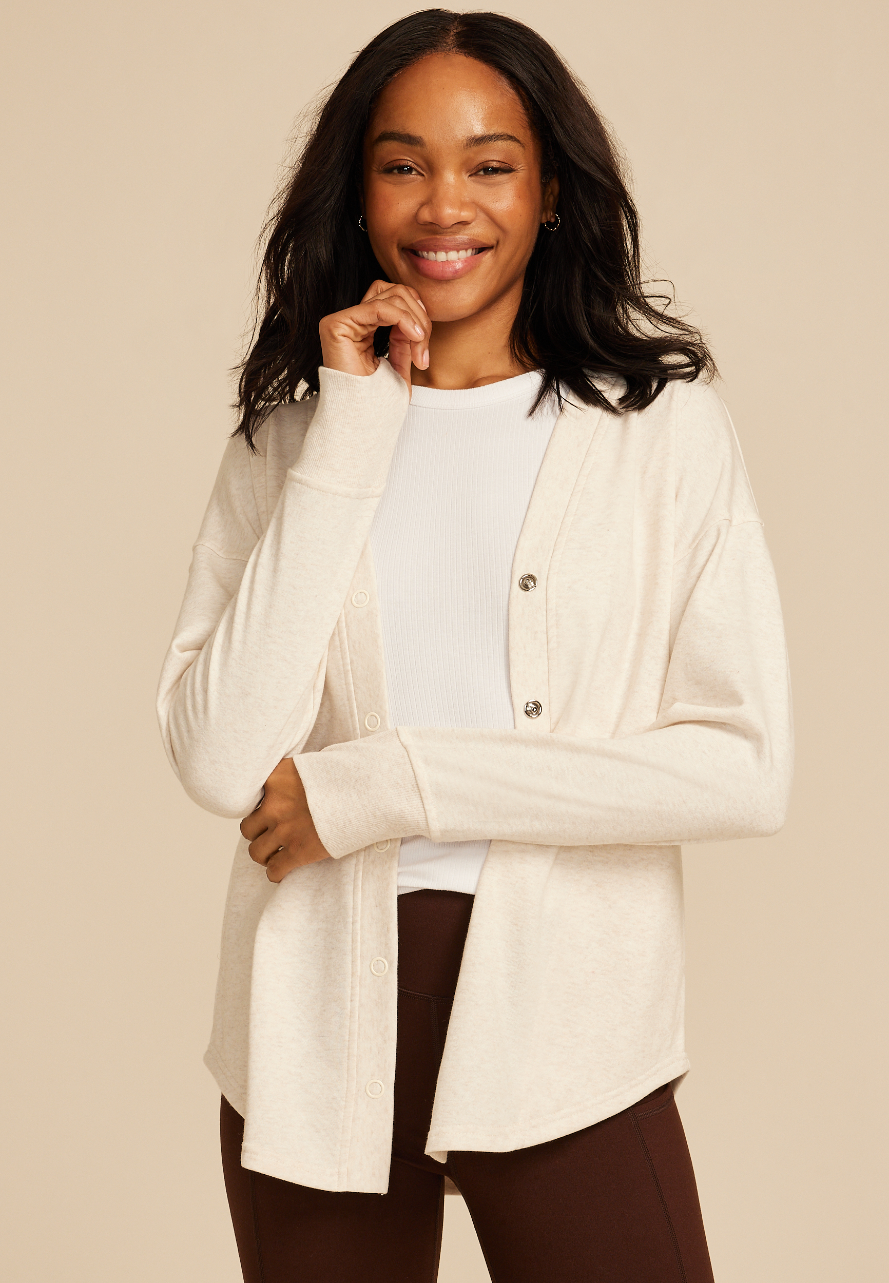 Heathered French Terry Snap Button Cardigan 