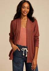 Waffle Knit Curved Hem Cardigan, SABLE, small