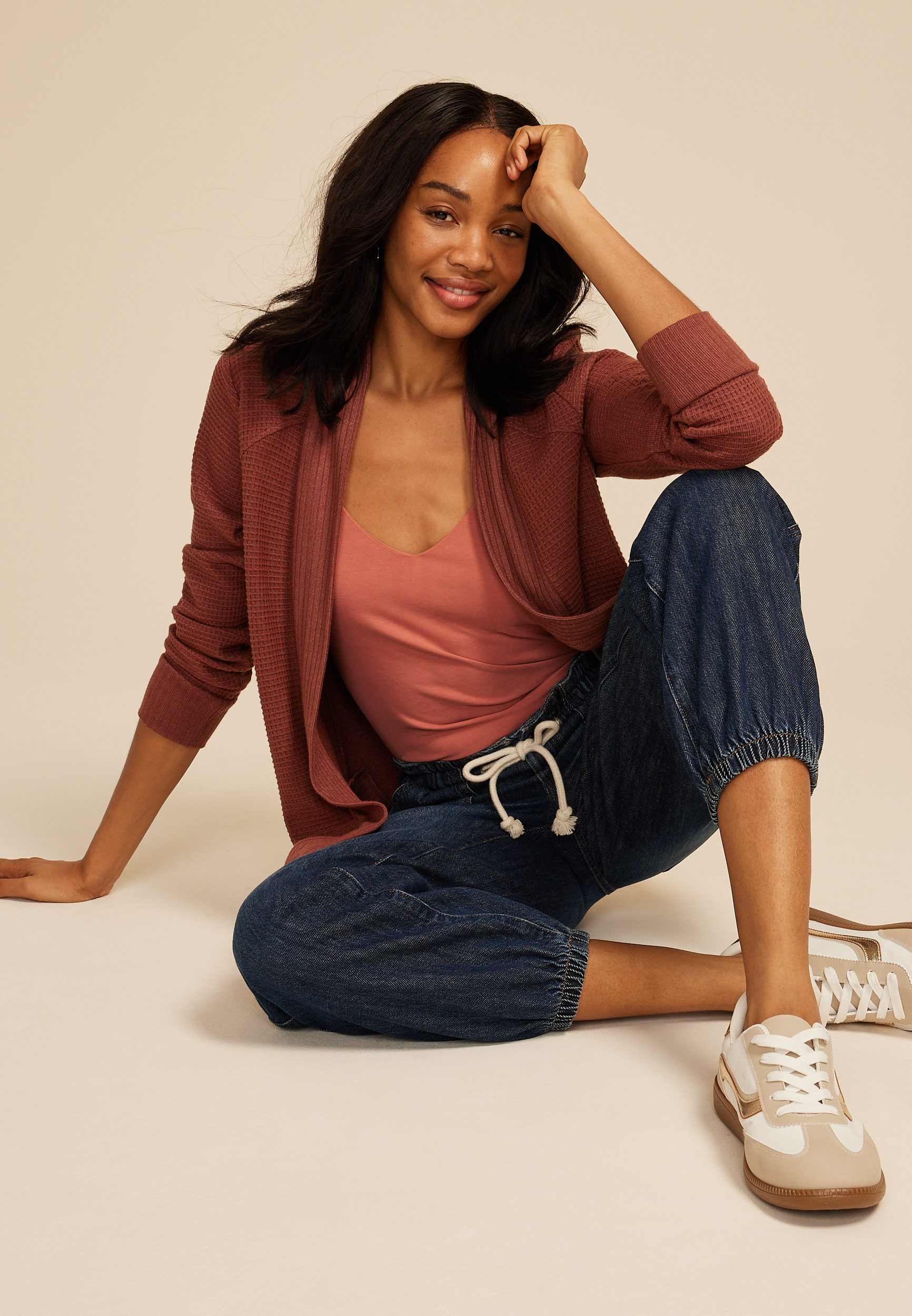 Waffle Knit Curved Hem Cardigan, SABLE, large