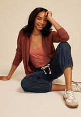 Waffle Knit Curved Hem Cardigan, SABLE, small