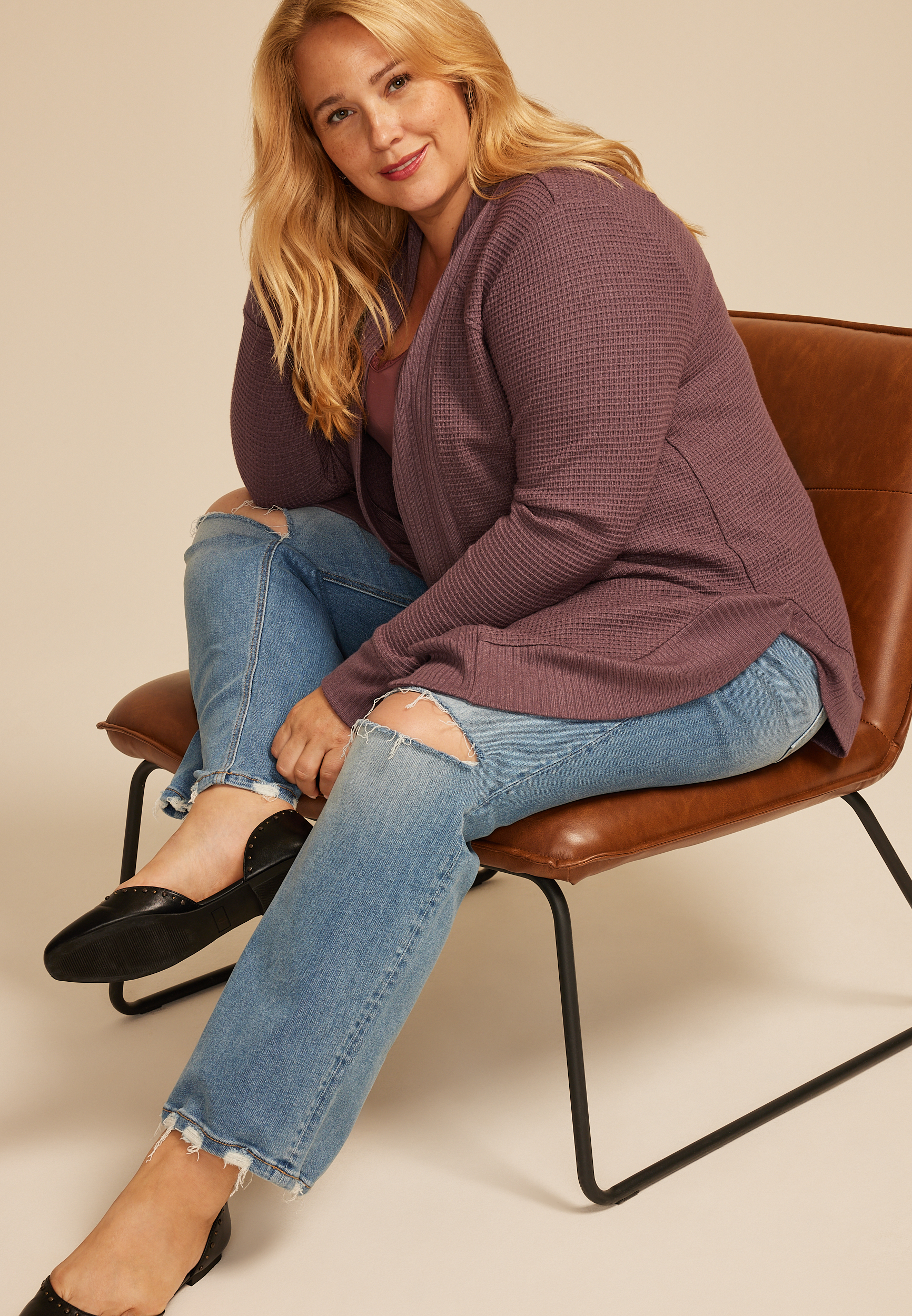 Plus Size Waffle Knit Curved Hem Cardigan