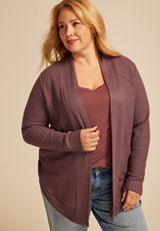 Plus Size Waffle Knit Curved Hem Cardigan, PURPLE MOSS, small