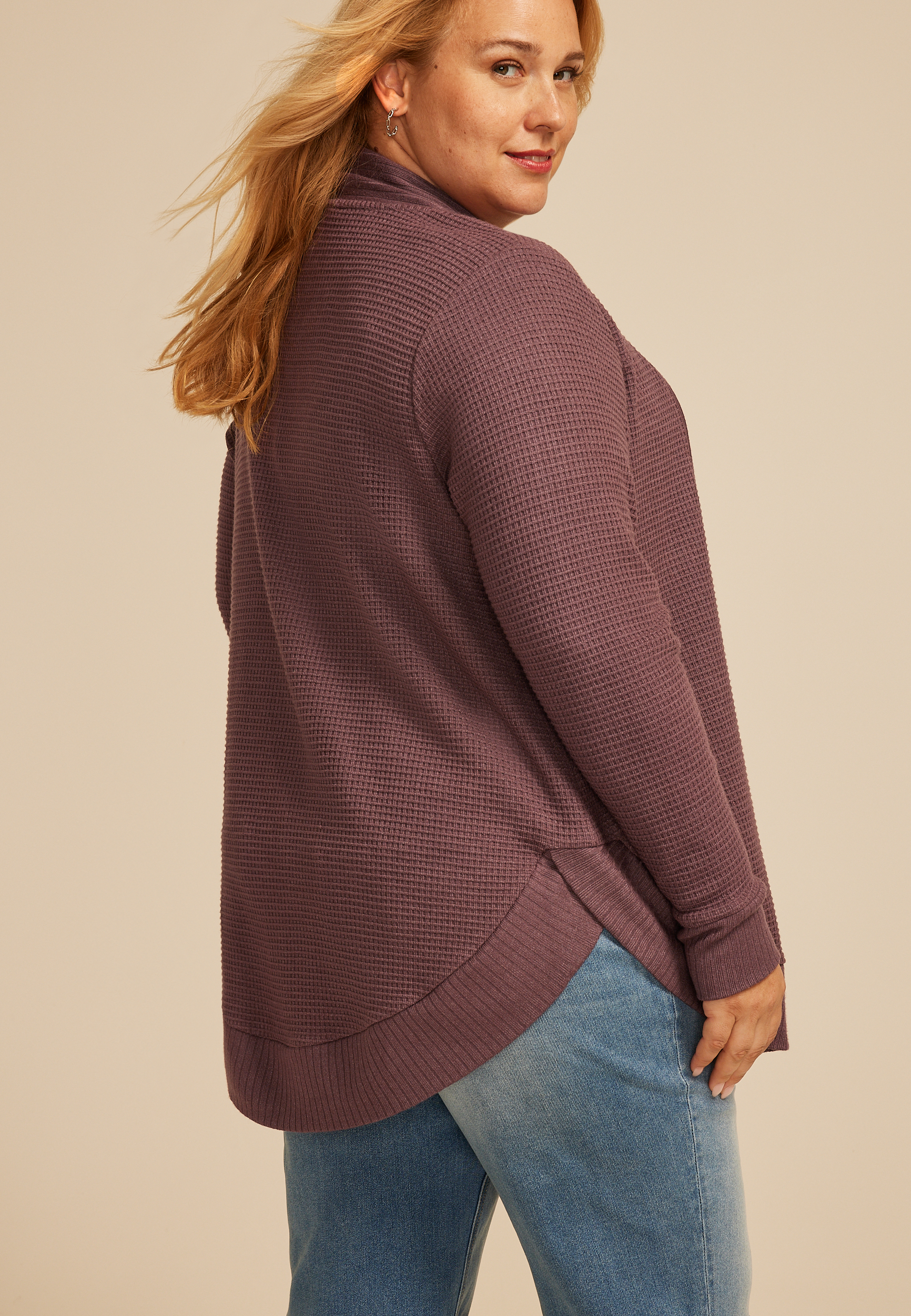 Plus Size Waffle Knit Curved Hem Cardigan, PURPLE MOSS, large
