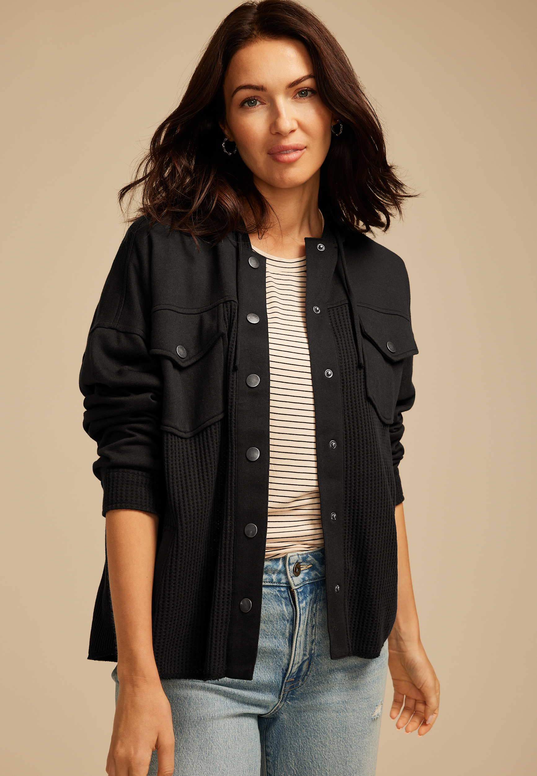 Waffle Knit Hooded Shacket