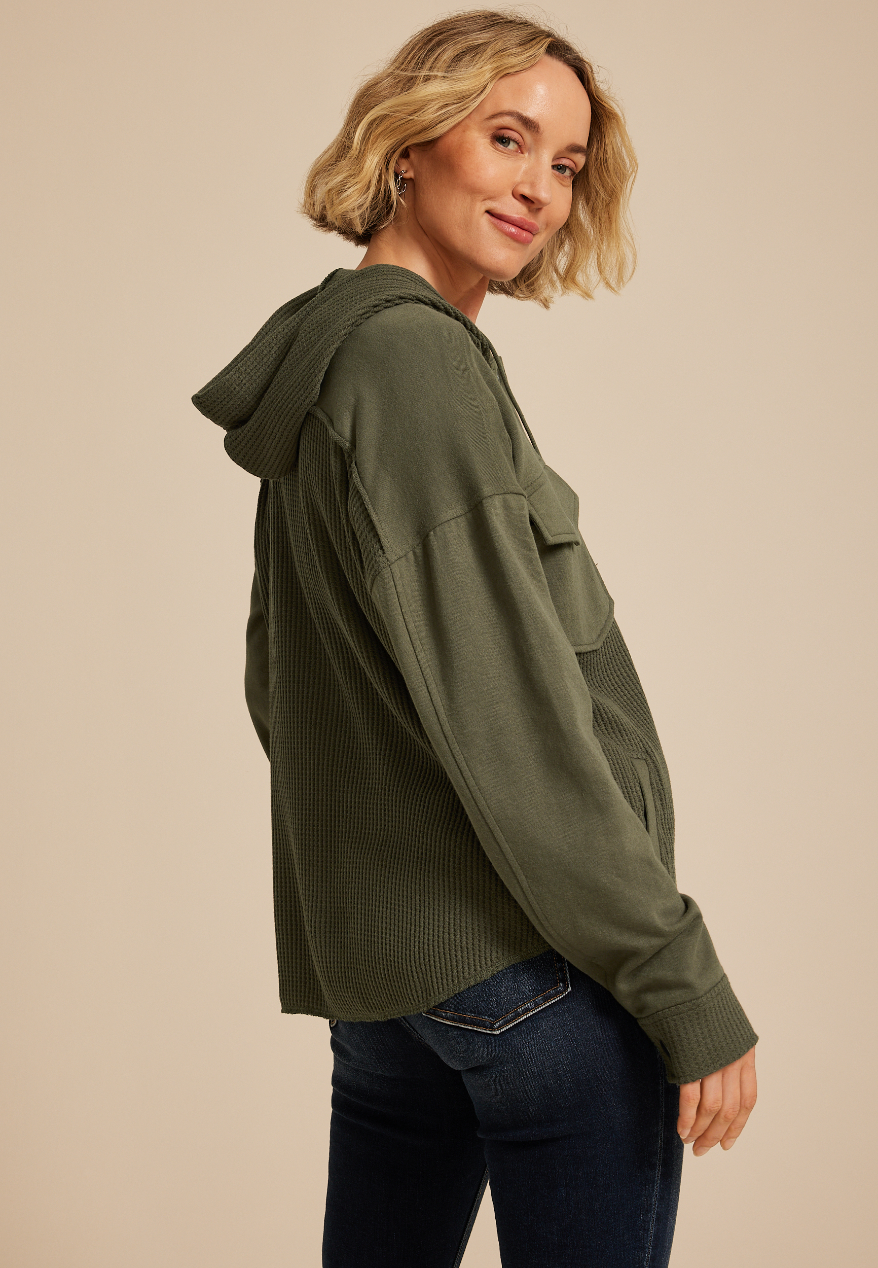 Waffle Knit Hooded Shacket maurices