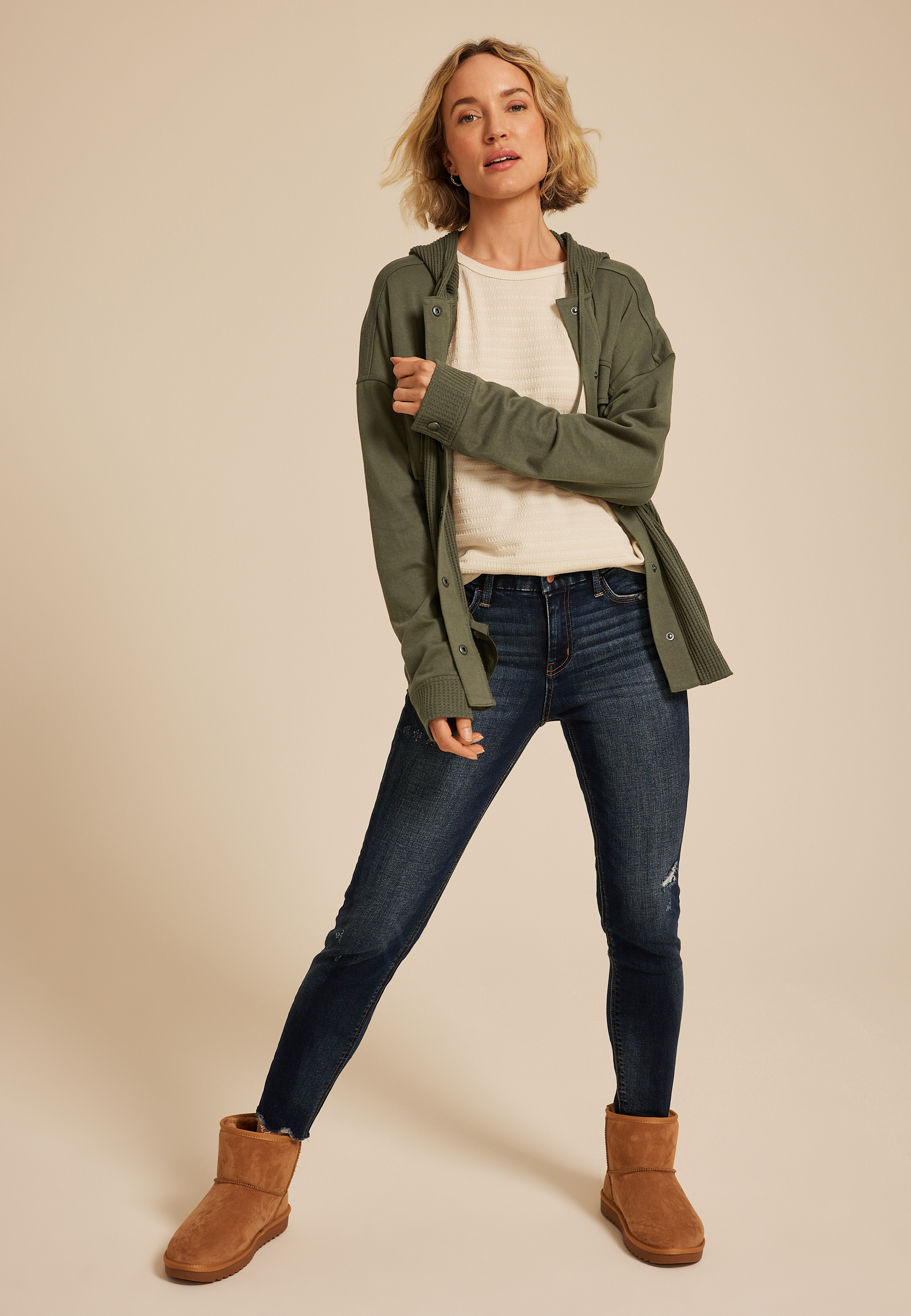 Waffle Knit Hooded Shacket, OLIVE NIGHT, large