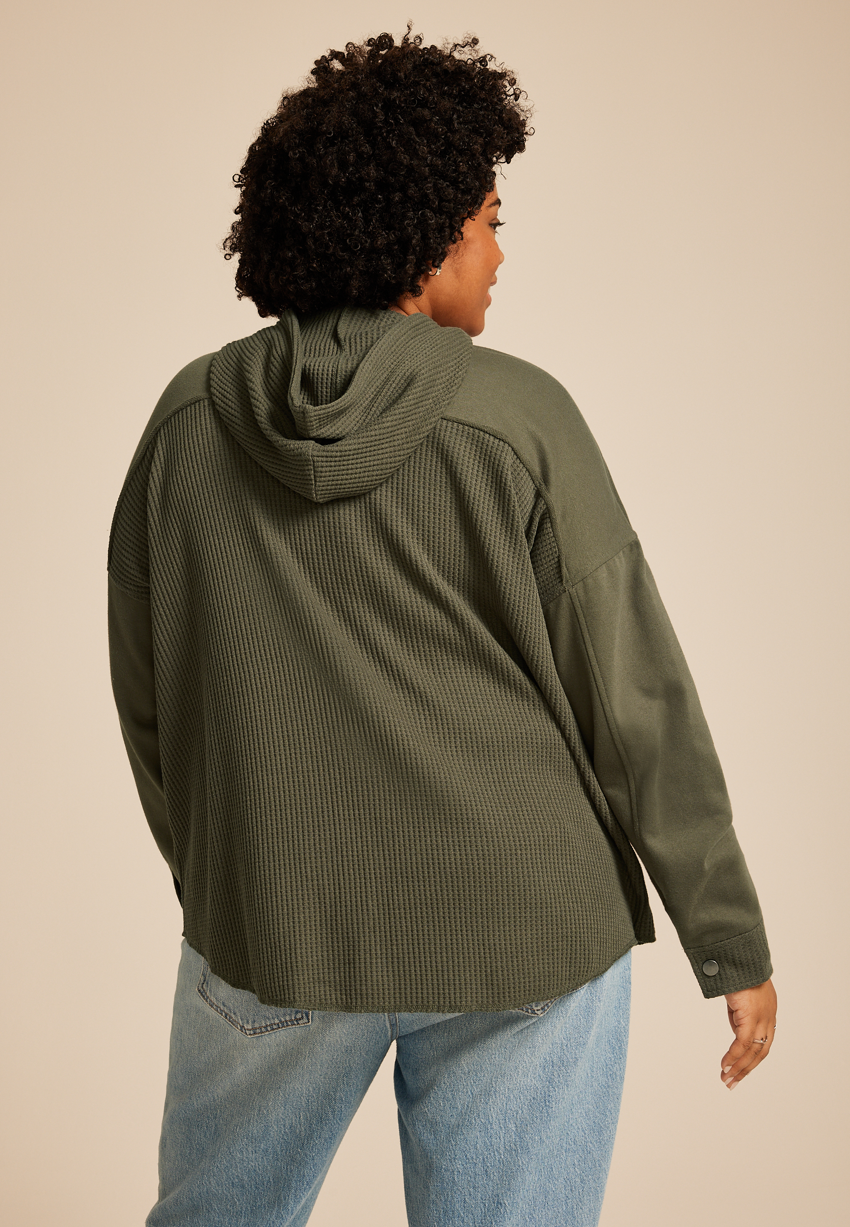 Plus Size Waffle Knit Hooded Shacket, OLIVE NIGHT, large