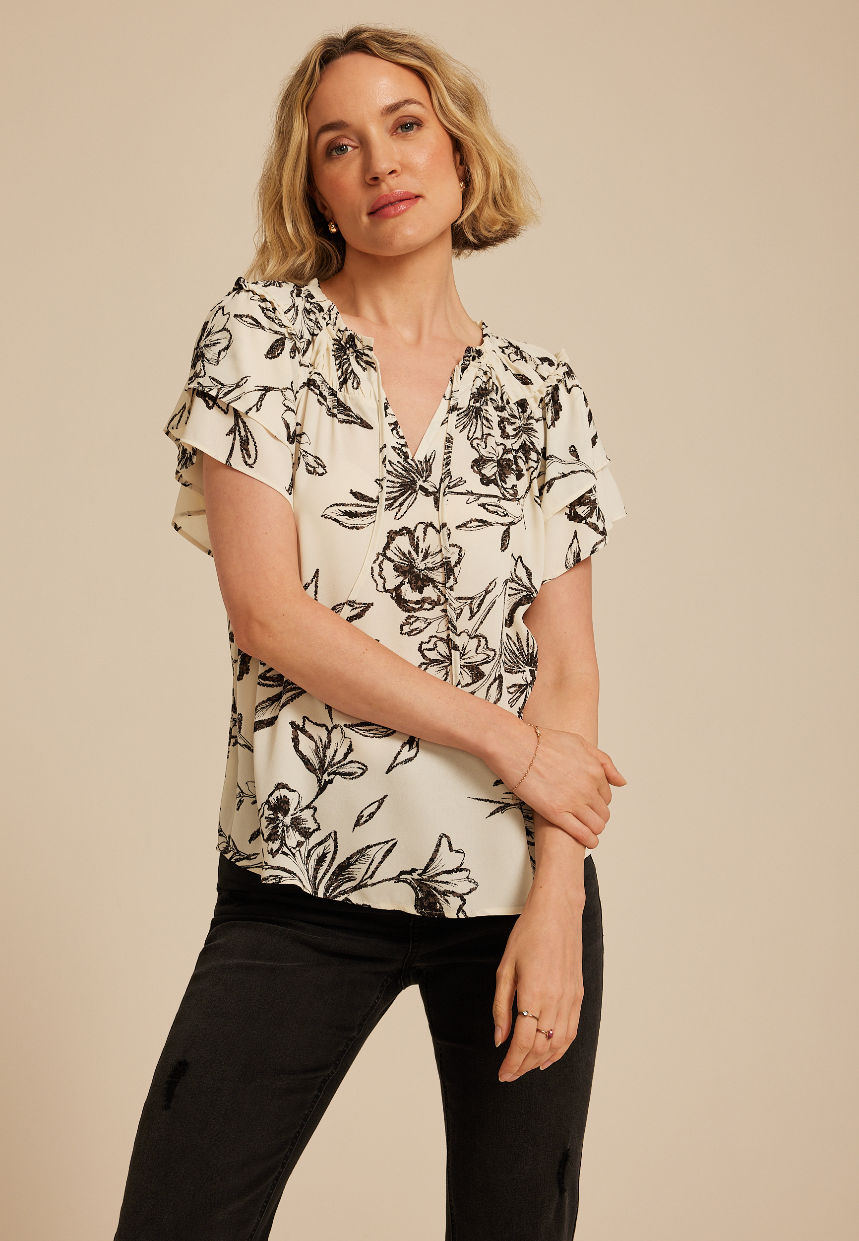 Floral Tiered Short Sleeve Blouse, C6074, large